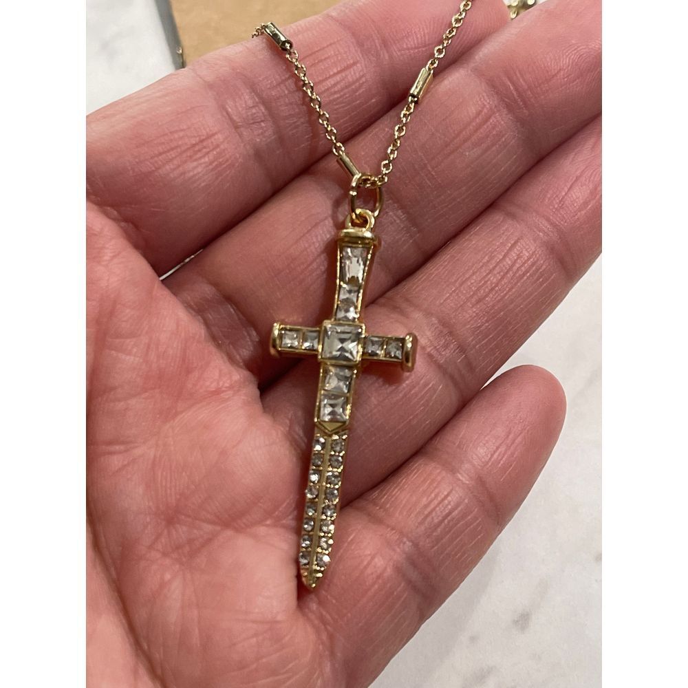 Gold Tone Rhinestones Sword Cross Pendant Necklace New - Picture 5 of 8